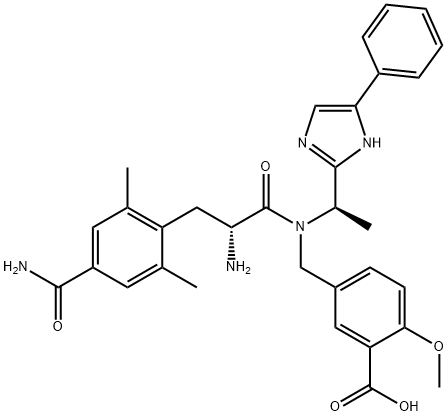 5-(((R)-2-aMino-3-(4-carbaMoyl-2,6-diMethylphenyl)-N-((R)-1-(4-phenyl-1H-iMidazol-2-yl)ethyl)propanaMido)Methyl)-2-Methoxybenzoic acid Struktur