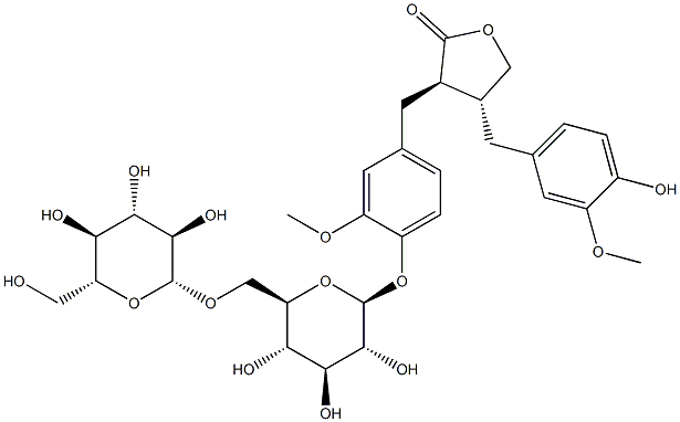 (3R-trans)-3-[[4-[(6-O-beta-D-Glucopyranosyl-beta-D-glucopyranosyl)oxy]-3-methoxyphenyl]methyl]dihydro-4-[(4-hydroxy-3-methoxyphenyl)methyl]-2(3H)-furanone Structure