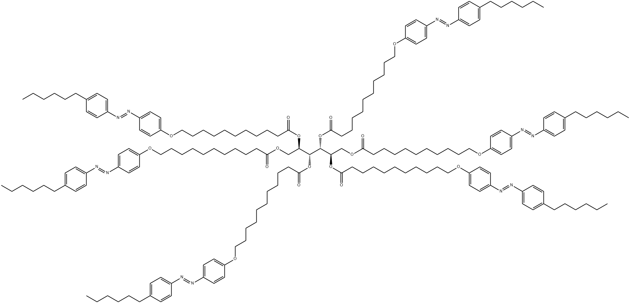 1,2,3,4,5,6-ヘキサ-O-[11-[4-(4-ヘキシルフェニルアゾ)フェノキシ]ウンデカノイル]-D-マンニトール 化学構造式