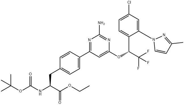 (S)-ethyl 3-(4-(2-aMino-6-((R)-1-(4-chloro-2-(3-Methyl-1H-pyrazol-1-yl)phenyl)-2,2,2-trifluoroethoxy)pyriMidin-4-yl)phenyl)-2-(tert-butoxycarbonylaMino)propanoate Struktur