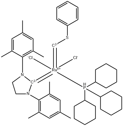 Tricyclohexylphosphine[1,3-bis(2,4,6-trimethylphenyl)-4,5-dihydroimidazol-2-ylidene][(phenylthio)methylene]ruthenium(II)dichloride Struktur
