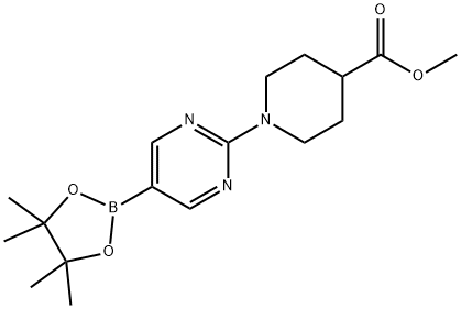 1-(5-(4,4,5,5-四甲基-1,3,2-二氧硼杂环戊烷-2-基)嘧啶-2-基)哌啶-4-羧酸甲酯, 1160790-50-0, 结构式