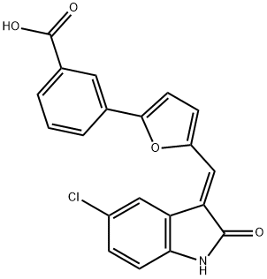 (E)-3-(5-((5-氯-2-氧代吲哚-3-亚基)甲基)呋喃-2-基)苯甲酸, 1202918-24-8, 结构式