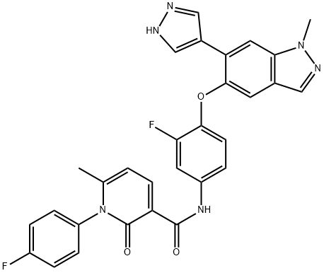 N-(3-フルオロ-4-((1-メチル-6-(1H-ピラゾール-4-イル)-1H-インダゾール-5-イル)オキシ)フェニル)-1-(4-フルオロフェニル)-6-メチル-2-オキソ-1,2-ジヒドロピリジン-3-カルボキサミド 化学構造式