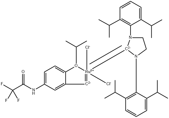 二塩化[1,3-ビス(2,6-ジ-I-プロピルフェニル)-4,5-ジヒドロイミダゾール-2-イリデン]-[2-I-プロポキシ-5-(トリフルオロアセトアミド)フェニル]メチレンルテニウム(II) [OMEGA CS1] 化学構造式
