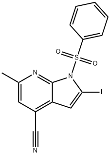 1-(Phenylsulphonyl)-4-cyano-2-iodo-6-Methyl-7-azaindole 结构式