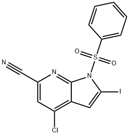 1-(Phenylsulphonyl)-6-cyano-4-chloro-2-iodo-7-azaindole 化学構造式