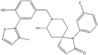 1,8-Diazaspiro[4.5]dec-3-en-2-one, 1-(3-fluorophenyl)-8-[[4-hydroxy-3-(3-Methyl-2-thienyl)phenyl]Methyl]-7-Methyl-, (5R,7S)- 化学構造式
