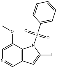 1-(Phenylsulfonyl)-2-iodo-7-Methoxy-5-azaindole 化学構造式