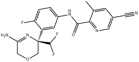N-[3-[(3R)-5-氨基-3-(二氟甲基)-3,6-二氢-2H-1,4-恶嗪-3-基]-4-氟苯基]-5-氰基-3-甲基-2-吡啶甲酰胺 结构式