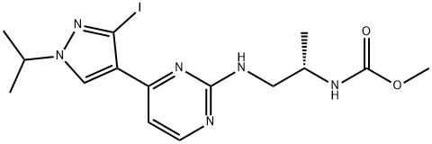 CarbaMic acid, N-[(1S)-2-[[4-[3-iodo-1-(1-Methylethyl)-1H-pyrazol-4-yl]-2-pyriMidinyl]aMino]-1-Methylethyl]-, Methyl ester 化学構造式