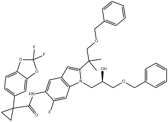 CyclopropanecarboxaMide, 1-(2,2-difluoro-1,3-benzodioxol-5-yl)-N-[2-[1,1-diMethyl-2-(phenylMethoxy)ethyl]-6-fluoro-1-[(2R)-2-hydroxy-3-(phenylMethoxy)propyl]-1H-indol-5-yl]- 化学構造式