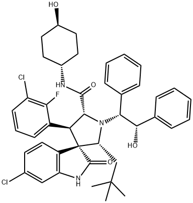 Spiro[3H-indole-3,3'-pyrrolidine]-5'-carboxaMide, 6-chloro-4'-(3-chloro-2-fluorophenyl)-2'-(2,2-diMethylpropyl)-1,2-dihydro-N-(trans-4-hydroxycyclohexyl)-1'-[(1R,2S)-2-hydroxy-1,2-diphenylethyl]-2-oxo-, (2'R,3S,4'S,5'R)- Struktur