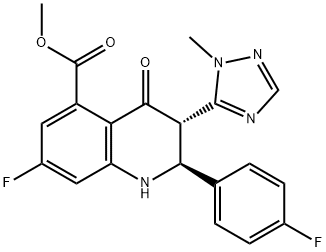 5-Quinolinecarboxylic acid,7-fluoro-2-(4-fluorophenyl)-1,2,3,4-tetrahydro-3-(1-Methyl-1H-1,2,4-triazol-5-yl)-4-oxo-,Methyl ester,(2S,3S)- 化学構造式