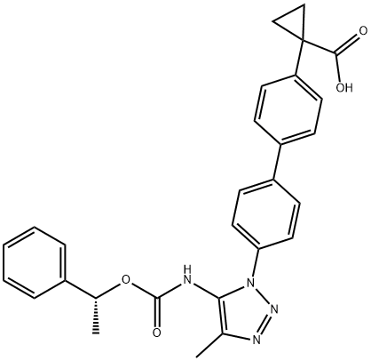 Cyclopropanecarboxylic acid, 1-[4'-[4-Methyl-5-[[[(1R)-1-phenylethoxy]carbonyl]aMino]-1H-1,2,3-triazol-1-yl][1,1'-biphenyl]-4-yl]- Struktur
