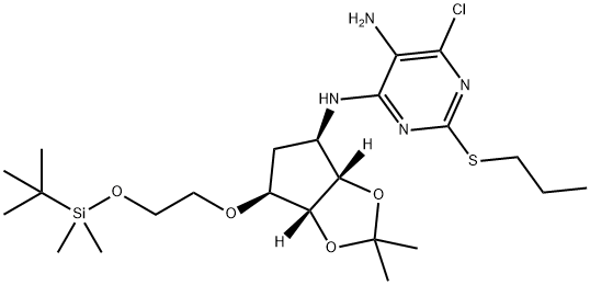 4,5-PyriMidinediaMine, 6-chloro-N4-[(3aS,4R,6S,6aR)-6-[2-[[(1,1-diMethylethyl)diMethylsilyl]oxy]ethoxy]tetrahydro-2,2-diMethyl-4H-cyclopenta-1,3-dioxol-4-yl]-2-(propylthio)- Structure