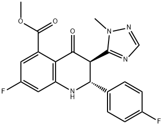 5-Quinolinecarboxylic acid,7-fluoro-2-(4-fluorophenyl)-1,2,3,4-tetrahydro-3-(1-Methyl-1H-1,2,4-triazol-5-yl)-4-oxo-,Methyl ester,(2R,3R)- 化学構造式