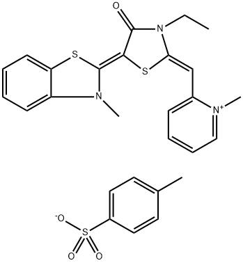 2-((Z)-((E)-3-ethyl-5-(3-Methylbenzo[d]thiazol-2(3H)-ylidene)-4-oxothiazolidin-2-ylidene)Methyl)-1-Methylpyridin-1-iuM 4-Methylbenzenesulfonate Structure