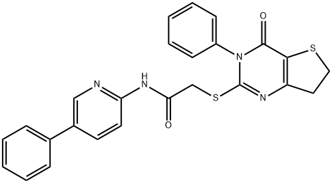 2-((4-オキソ-3-フェニル-3,4,6,7-テトラヒドロチエノ[3,2-D]ピリミジン-2-イル)チオ)-N-(5-フェニルピリジン-2-イル)アセトアミド 化学構造式