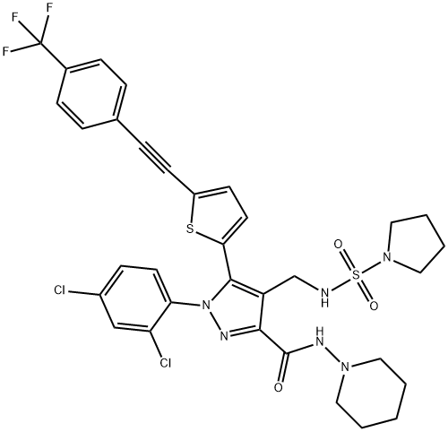 1-(2,4-Dichlorophenyl)-N-1-piperidinyl-4-[[(1-pyrrolidinylsulfonyl)amino]methyl]-5-[5-[2-[4-(trifluoromethyl)phenyl]ethynyl]-2-thienyl]-1H-pyrazole-3-carboxamide 化学構造式