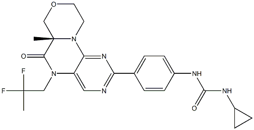 (S)-1-Cyclopropyl-3-(4-(5-(2,2-difluoropropyl)-6a-Methyl-6-oxo-5,6,6a,7,9,10-hexahydro-[1,4]oxazino[3,4-h]-pteridin-2-yl)phenyl)urea Struktur