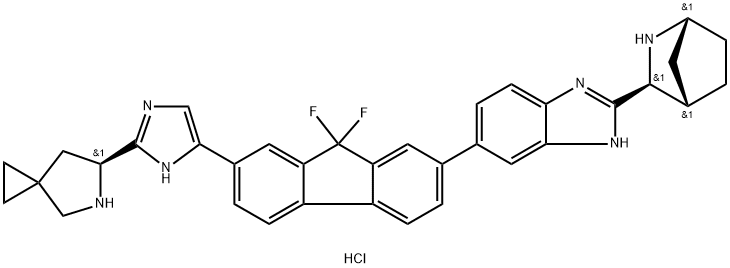 (6S)-6-[5-[7-[2-(1R,3S,4S)-2-氮杂双环[2.2.1]庚烷-3-基-1H-苯并咪唑-6-基]-9,9-二氟-9H-芴-2-基]-1H-咪唑-2-基]-5-氮杂螺[2.4]庚烷四盐酸盐, 1499193-67-7, 结构式