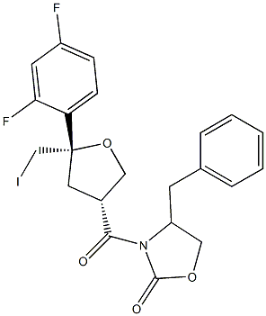 [3S-[3alpha(S*),5alpha]]-3-[[5-(2,4-Difluorophenyl)tetrahydro-5-(iodomethyl)-3-furanyl]carbonyl]-4-(phenylmethyl)-2-oxazolidinone Struktur