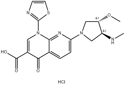 (3S-反式)-1,4-二氢-7-[3-甲氧基-4-(甲基氨基)-1-吡咯烷基]-4-氧代-1-(2-噻唑基)-1,8-萘啶-3-羧酸单盐酸盐 结构式
