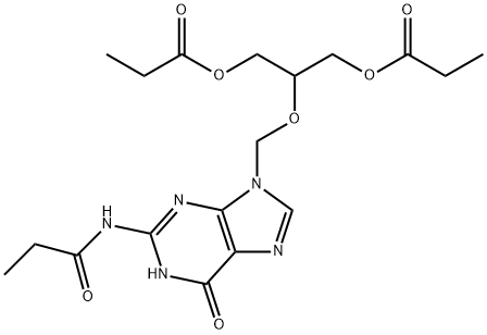 N-[6,9-Dihydro-6-oxo-9-[[2-(1-oxopropoxy)-1-[(1-oxopropoxy)methyl]ethoxy]methyl]-1H-purin-2-yl]propanamide 化学構造式