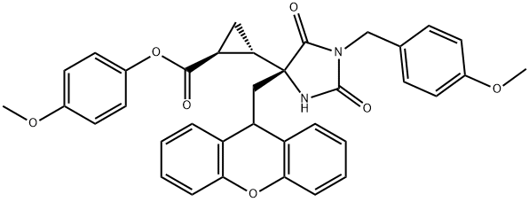 Cyclopropanecarboxylic acid, 2-[(4R)-1-[(4-Methoxyphenyl)Methyl]-2,5-dioxo-4-(9H-xanthen-9-ylMethyl)-4-iMidazolidinyl]-, 4-Methoxyphenyl ester, (1S,2S)- Structure