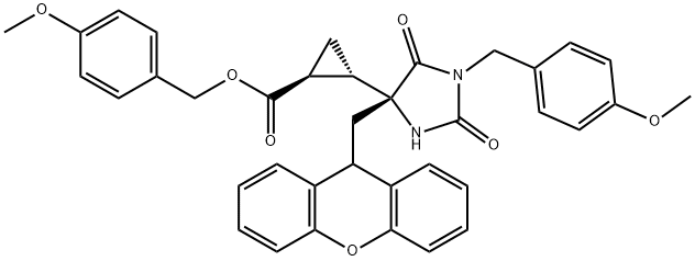 Cyclopropanecarboxylic acid, 2-[(4R)-1-[(4-Methoxyphenyl)Methyl]-2,5-dioxo-4-(9H-xanthen-9-ylMethyl)-4-iMidazolidinyl]-, (4-Methoxyphenyl)Methyl ester, (1S,2S)- 化学構造式