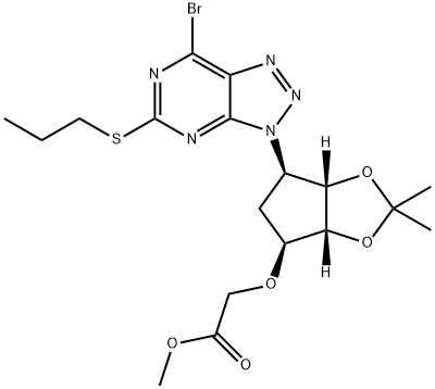 2-[[(3aR,4S,6R,6aS)-6-[7-Bromo-5-(propylthio)-3H-1,2,3-triazolo[4,5-d]pyrimidin-3-yl]tetrahydro-2,2-dimethyl-4H-cyclopenta-1,3-dioxol-4-yl]oxy]-acetic acid methyl ester Struktur