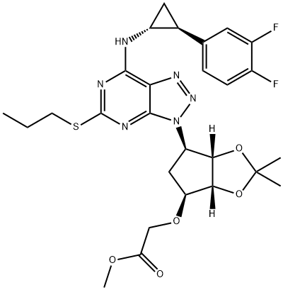 2-[[(3AR,4S,6R,6AS)-6-[7-[[(1R,2S)-2-(3,4-二氟苯基)环丙基]氨基]-5-(丙硫基)-3H-1,2,3-三氮唑并[4,5-D]嘧啶-3-基]四氢-2,2-二甲基-4H-环戊烯并-1,3-二恶茂-4-基]氧基]乙酸甲酯 结构式