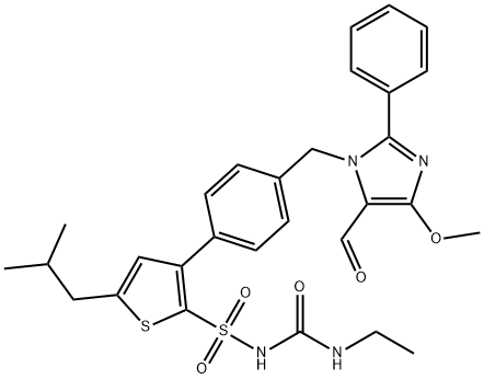 1-エチル-3-[[3-[4-[(5-ホルミル-4-メトキシ-2-フェニル-1H-イミダゾール-1-イル)メチル]フェニル]-5-イソブチル-2-チエニル]スルホニル]尿素 化学構造式