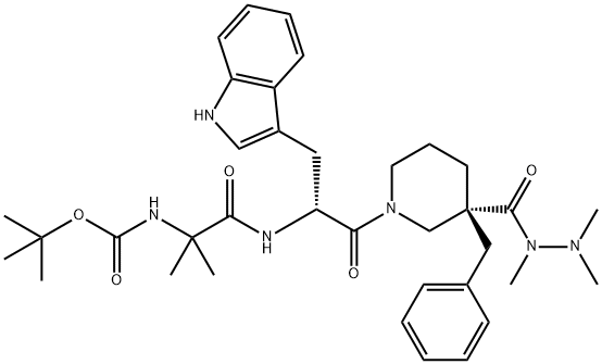 3-Piperidinecarboxylic acid, 1-[(2R)-2-[[2-[[(1,1-diMethylethoxy)carbonyl]aMino]-2-Methyl-1-oxopropyl]aMino]-3-(1H-indol-3-yl)-1-oxopropyl]-3-(phenylMethyl)-, 1,2,2-triMethylhydrazide,(3R)- 化学構造式