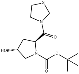 (2S,4R)-4-Hydroxy-2-(3-thiazolidinylcarbonyl)-1-pyrrolidinecarboxylic acid tert-butyl ester 化学構造式