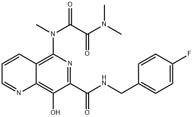 N'-(7-{[(4-フルオロフェニル)メチル]カルバモイル}-8-ヒドロキシ-1,6-ナフチリジン-5-イル)-N,N,N'-トリメチルエタンジアミド 化学構造式