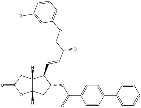 [1,1'-Biphenyl]-4-carboxylic acid, 4-[4-(3-chlorophenoxy)-3-hydroxy-1-butenyl]hexahydro-2-oxo-2H-cyclop enta[b]furan-5-yl ester, [3aR-[3aa,4a(1E,3R*),5b,6aa]] 化学構造式