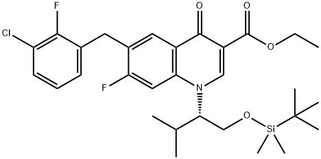 1-((S)-1-tert-butyldiMethylsilyloxyMethyl-2-Methylpropyl)-6-(3-chloro-2-fluorobenzyl)-7-fluoro-4-oxo-1,4-dihydroquinoline-3-carboxylic acid ethyl ester 化学構造式