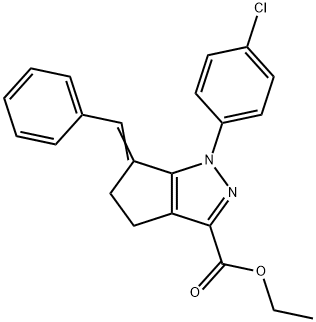 3-Cyclopentapyrazolecarboxylic acid, 1-(4-chlorophenyl)-1,4,5,6-tetrahydro-6-(phenylMethylene)-, ethyl ester 化学構造式
