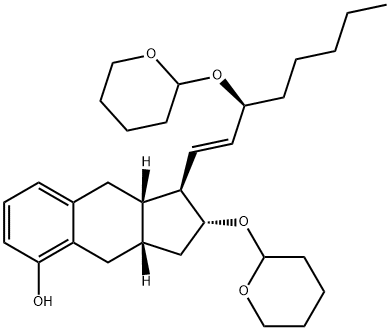 1H-Benz[f]inden-5-ol, 2,3,3a,4,9,9a-hexahydro-2-[(tetrahydro-2H-pyran-2-yl)oxy]-1-[(1E,3S)-3-[(tetrahydro-2H-pyran-2-yl)oxy]-1-octen-1-yl]-, (1R,2R,3aS,9aS)- Structure