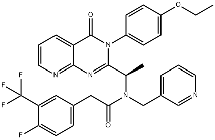 2-[(R)-1-[[2-[3-(トリフルオロメチル)-4-フルオロフェニル]アセチル](3-ピリジニルメチル)アミノ]エチル]-3-(4-エトキシフェニル)ピリド[2,3-d]ピリミジン-4(3H)-オン 化学構造式