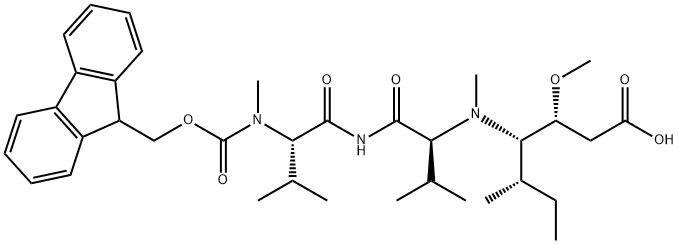 (5S,9S,11S,12R)-11-((S)-sec-butyl)-1-(9H-fluoren-9-yl)-5,9-diisopropyl-12-Methoxy-4,10-diMethyl-3,6,8-trioxo-2-oxa-4,7,10-triazatetradecan-14-oic acid 化学構造式