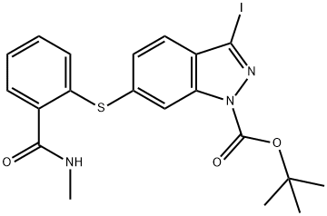 1-BOC-3-碘-6-(2-(甲胺羧基)苯巯基)-1H-吲唑, 885126-37-4, 结构式