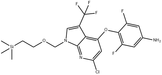 3,5-ジフルオロ-4-[[1-[[2-(トリメチルシリル)エトキシ]メチル]-3-(トリフルオロメチル)-6-クロロ-1H-ピロロ[2,3-b]ピリジン-4-イル]オキシ]アニリン 化学構造式