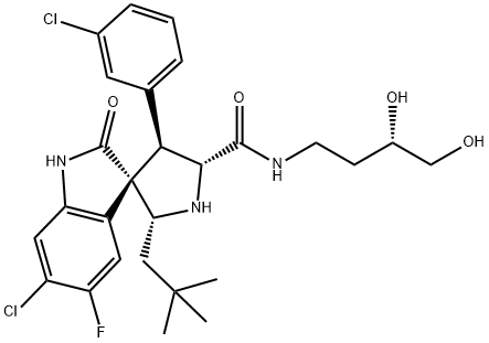 Spiro[3H-indole-3,3'-pyrrolidine]-5'-carboxaMide,6-chloro-4'-(3-chlorophenyl)-N-[(3S)-3,4-dihydroxybutyl]-2'-(2,2-diMethylpropyl)-5-fluoro-1,2-dihydro-2-oxo-,(2'R,3S,4'R,5'R)- Structure