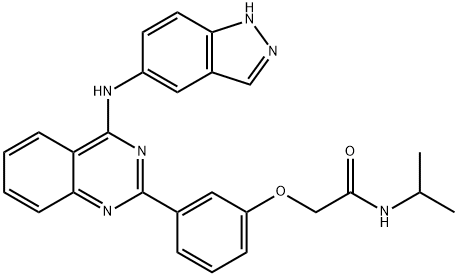 N-イソプロピル-2-[3-[4-[(1H-インダゾール-5-イル)アミノ]キナゾリン-2-イル]フェノキシ]アセトアミド 化学構造式