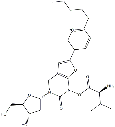 3-(2-脱氧-BETA-D-赤式-呋喃戊糖基)-6-(4-戊基苯基)呋喃并[2,3-D]嘧啶-2(3H)-酮 5'-L-缬氨酸酯 结构式