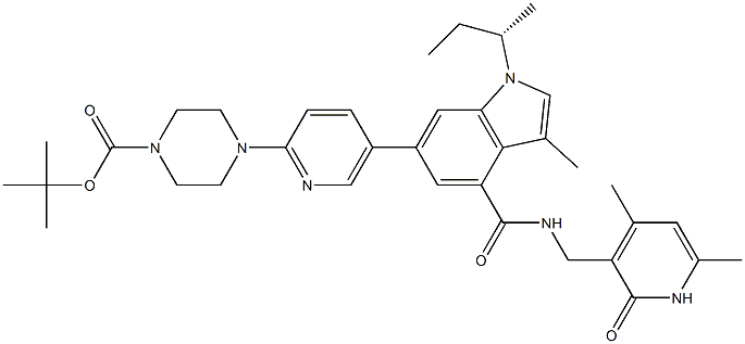 (S)-4-(5-(1-(仲丁基)-4-(((4,6-二甲基-2-氧代-1,2-二氢吡啶-3-基)甲基)氨基甲酰基)-3-甲基-1H-吲哚-6-基)吡啶-2-基)哌嗪-1-甲酸叔丁酯,,结构式