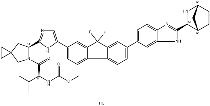 ((S)-1-((S)-6-(5-(7-(2-((1R,3S,4S)-2-氮杂双环[2.2.1]庚-3-基)苯并[D]咪唑-6-基)-9,9-二氟-9H-芴-2-基)-1H-咪唑-2-基)-5-氮杂螺[2.4]庚烷-5-基)-3-甲基-1-氧代丁-2-基)氨基甲酸酯盐酸盐,2004675-26-5,结构式